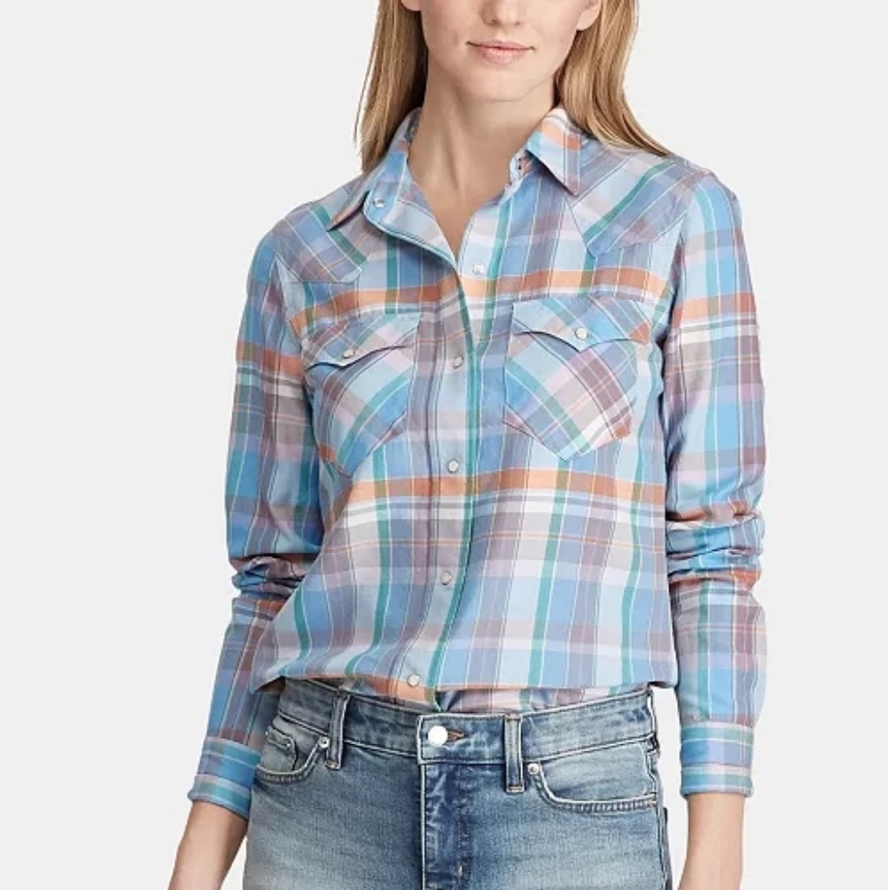 Plaid Neutral Cotton Pearl Snap Top American West Western Cowgirl Cowboy Barn